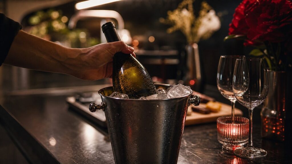 A close workplace-style scene in a dim kitchen where a hand gently sets a chilled wine bottle into a metal ice bucket on a polished counter. Condensation beads on the glass, warm ambient light mixes with cool reflections, and the atmosphere suggests precise timing, care, and a calm romantic evening in preparation.