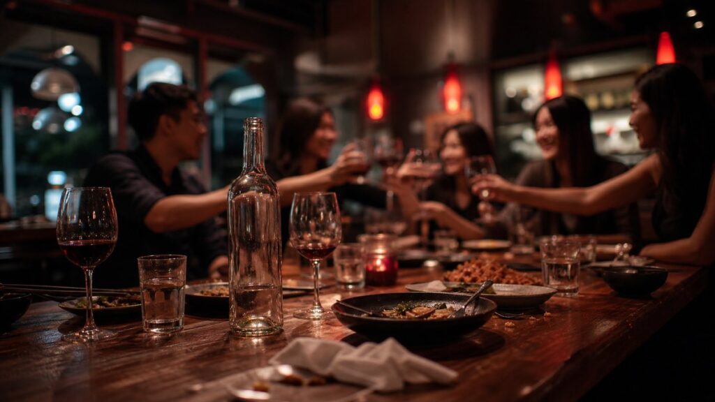 A wide restaurant table after dinner holds an almost empty bottle, a few lingering glasses, and scattered crumbs beside shared plates, with friends blurred in the background lifting their drinks. Low ambient lighting and soft crimson highlights create a confident, satisfied atmosphere that feels polished and authentic.