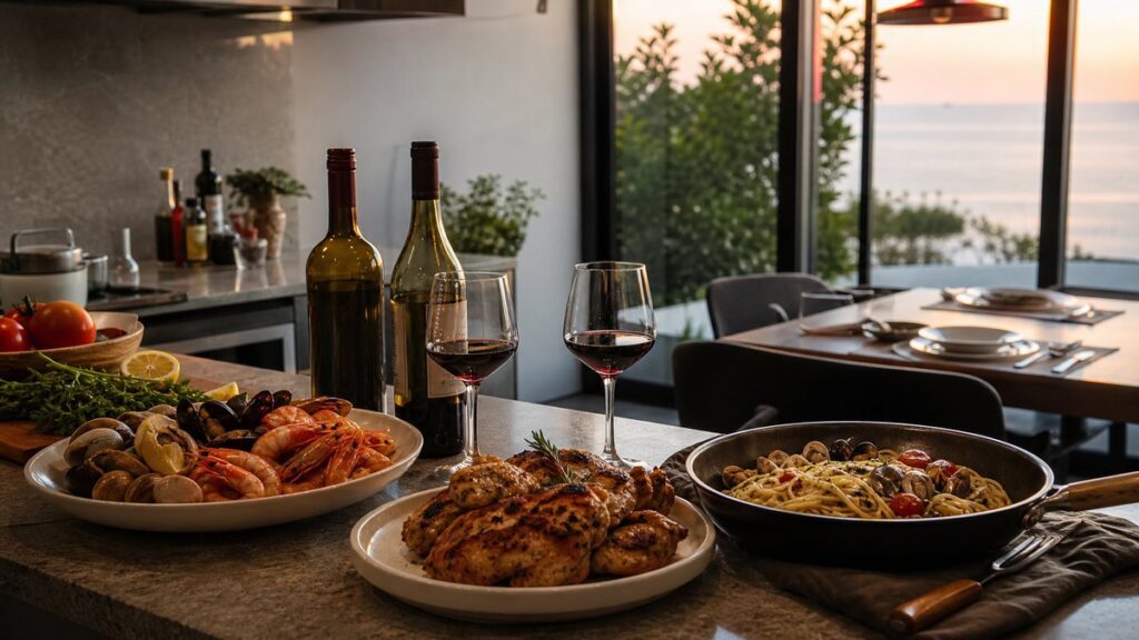 A wide kitchen-dining environment shows an open countertop with seafood, chicken, and a pasta pan arranged beside two wine bottles in muted glass tones. The primary subject is the meal planning setup, lit by gentle evening daylight, with a calm, practical atmosphere and subtle crimson reflections in the glassware.
