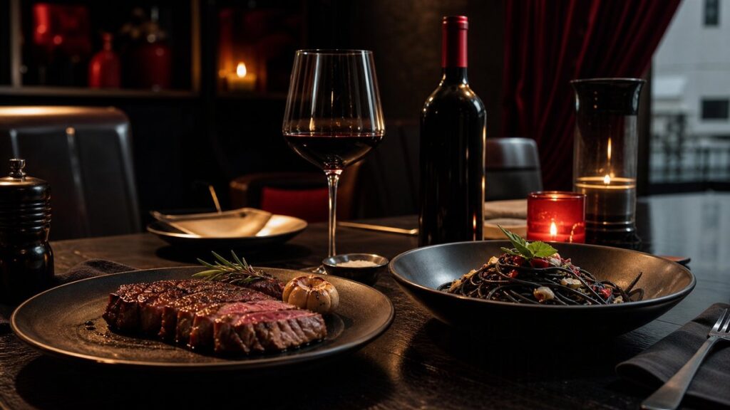 A thoughtfully arranged dinner table from a three-quarter angle, with a roasted steak, a bowl of dark pasta, and a single deep-red wine bottle beside one filled glass catching soft candlelight. The scene feels intimate and balanced, with burgundy and near-black tones subtly echoing the color grade.