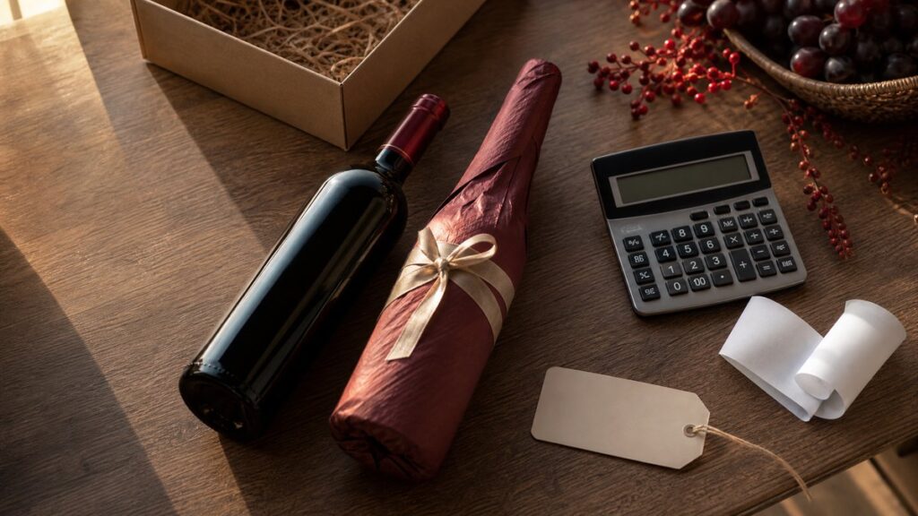An overhead view of a neat tabletop shows two wine bottles, one simple and one gift-wrapped with plain ribbon, beside a calculator, receipt, and a small gift tag left blank. Warm side lighting and deep shadow create a practical, composed mood, with subtle red tones in the wrapping and fruit garnish.