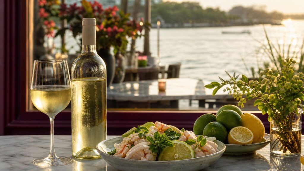 An elegant white wine bottle and chilled stemmed glass rest beside a bowl of citrus, green herbs, and pale seafood on a sun-warmed outdoor table. Soft daylight and faint heat haze suggest a humid evening, while cool highlights and deep burgundy reflections keep the scene fresh, airy, and refined.