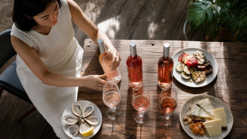 An overhead view shows three different rosé bottles arranged on a wooden tasting table with small plates of seafood, grilled vegetables, and cheese. Each glass varies in shade from blush to deeper salmon, suggesting range and complexity. Natural daylight keeps the scene professional, calm, and exploratory.