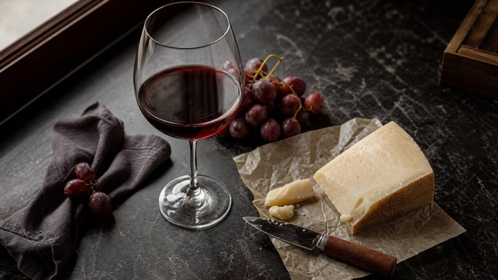 A professional still life on a dark stone counter: a half-filled glass of deep red wine beside a wedge of creamy aged cheese, a small knife, and a few grapes. Soft window light catches ruby highlights and pale ivory textures, with moody shadows and subtle #A50000 tones creating an elegant, balanced atmosphere.