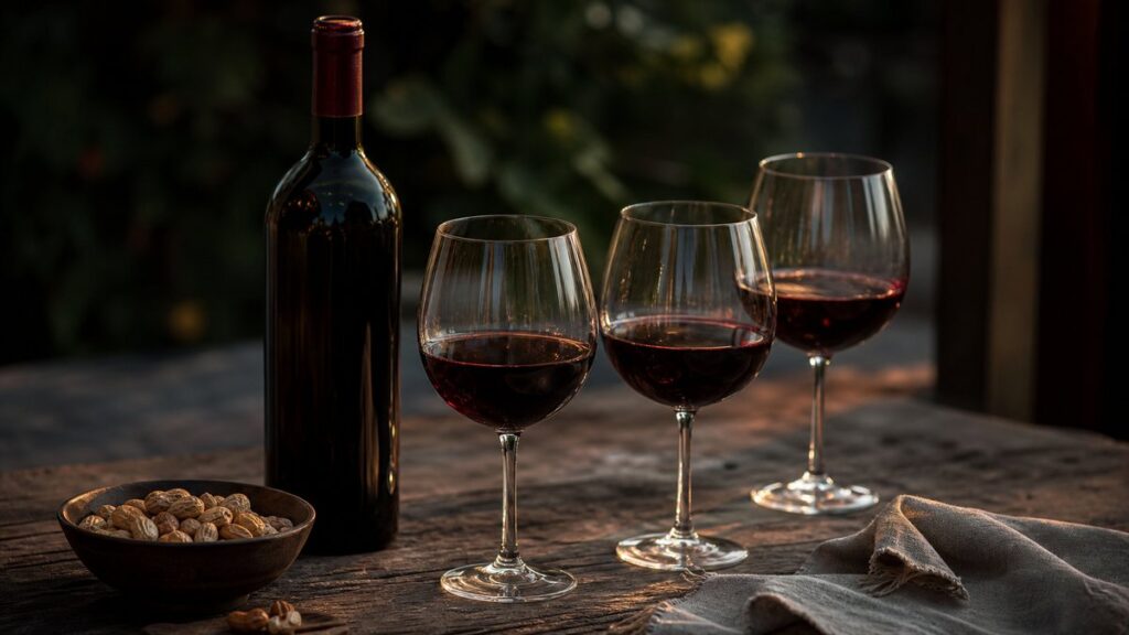 A single wine bottle stands beside three half-filled stemmed glasses on a rough wooden table, surrounded by a bowl of salted snacks and a linen napkin. Soft evening light catches the glass edges, while deep burgundy and dark charcoal tones create a relaxed, approachable mood for easy sharing.