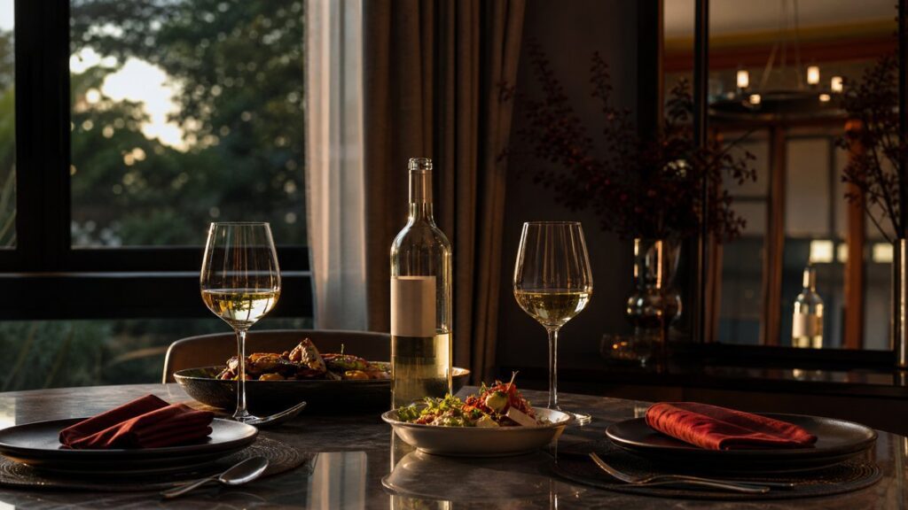A wide environment photograph captures a quiet dinner setting in a contemporary dining room, with an open bottle of dry white wine centered on a table set for two and fresh dishes waiting nearby. Evening light from a side window softens the scene, blending pale gold highlights with muted dark and red undertones. The mood is calm, refined, and anticipatory.