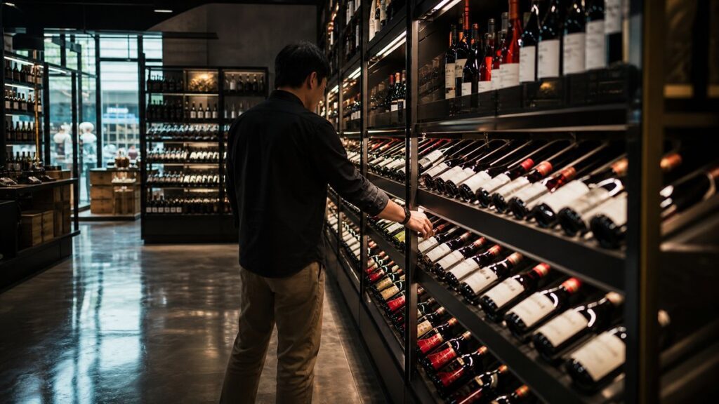 A wide aisle in a modern wine shop shows one shopper paused in front of neatly arranged bottles, with no face visible, only the careful stance and one hand hovering near a bottle. Soft aisle lighting and dark shelving create a calm professional mood, while subtle crimson reflections in glass hint at confidence and clarity.