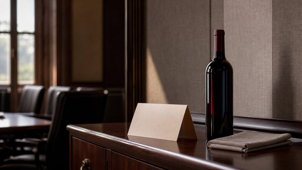A single wine bottle stands beside a folded invitation card and a small linen napkin on a polished wooden sideboard in a quiet meeting room. Soft window light grazes the glass, revealing deep burgundy reflections against dark shadows. The scene feels refined, restrained, and occasion-aware.