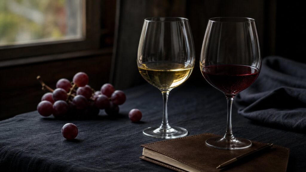 A close still life of two partially filled wine glasses on a dark linen cloth, one pale gold and one deep ruby, beside a small tasting notebook and a few scattered grapes. Soft window light reveals subtle reflections and liquid texture, with muted #A50000 and #0C0707 tones creating an elegant, analytical mood.