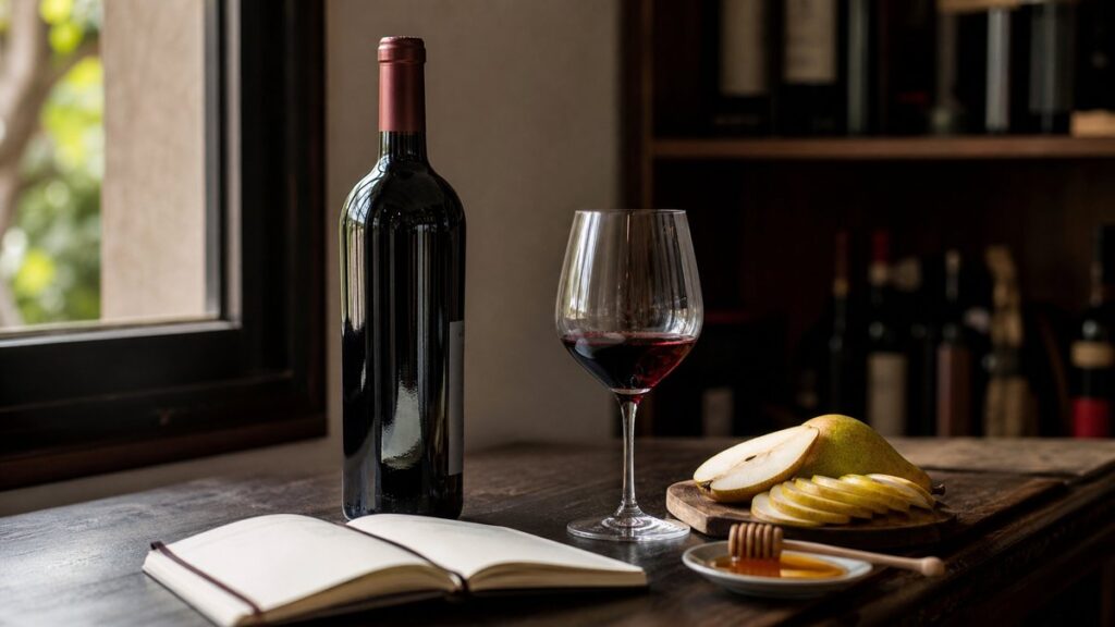 A single bottle of wine stands on a dark wooden counter beside a tasting notebook, a sliced pear, and a small dish of honey under soft window light. The scene feels intimate and refined, with deep burgundy and faint crimson reflections in the glass, suggesting a thoughtful first choice based on personal taste.