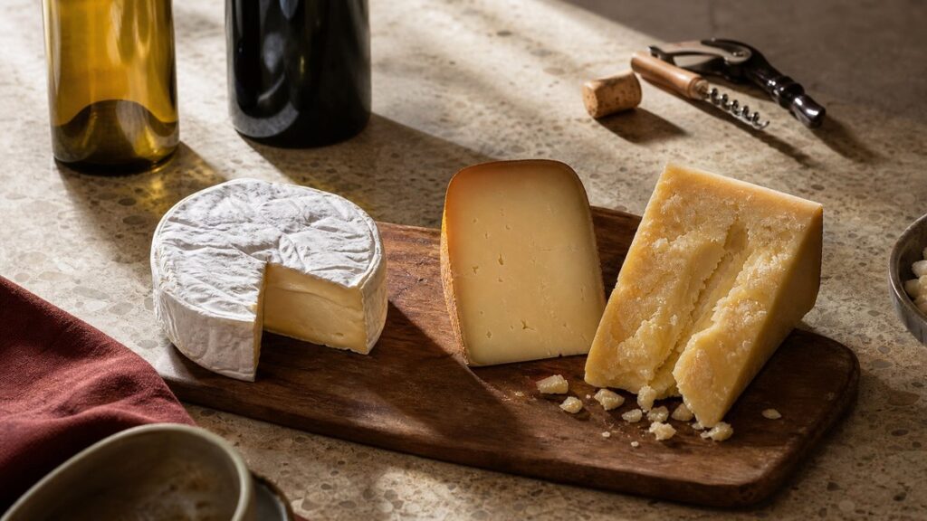 An overhead process scene on a stone kitchen counter showing three cheeses in different textures—soft, semi-hard, and hard—being arranged next to two bottles and an open corkscrew. Natural morning light falls across the setup, revealing contrast in rind, crumb, and sheen, with a practical, exploratory mood.