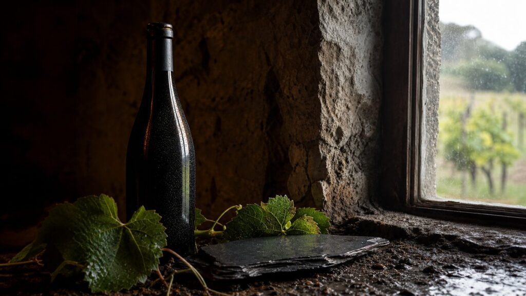 A single wine bottle from a cool-climate region rests beside damp vineyard soil in a cellar window’s soft morning light, with a few grape leaves and a slate stone arranged naturally nearby. The still life feels restrained and elegant, using deep burgundy shadows and near-black tones to suggest structure, acidity, and terroir.