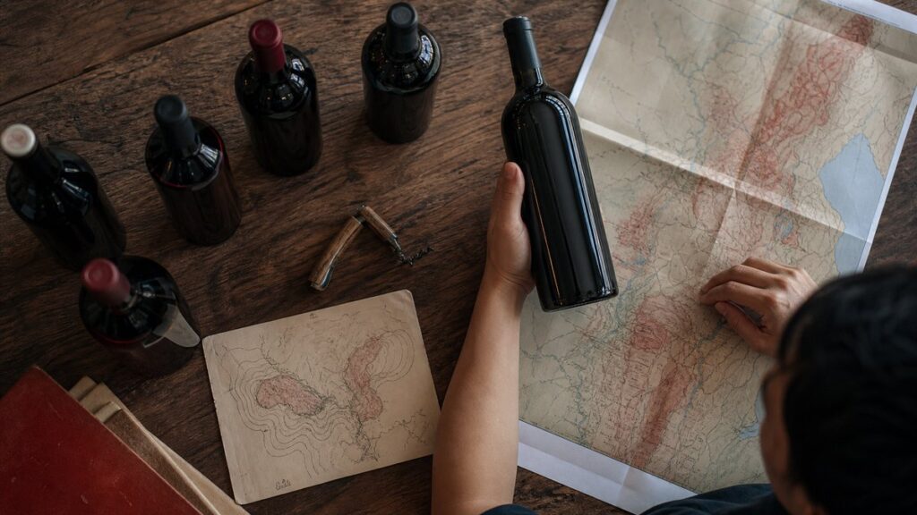 Overhead view of an open wooden tasting table where several unlabeled wine bottles, a corkscrew, and a hand-written vineyard map sit under warm neutral light. One bottle is being compared against a folded regional atlas, creating a focused editorial process scene with quiet reds in the fruit, paper, and wood.
