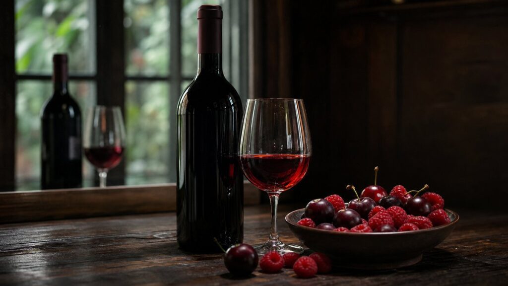 A single bottle of red wine stands beside a bowl of cherries, plums, and raspberries on a dark wooden table, with a partially filled glass catching deep ruby highlights. Soft window light reveals bright fruit tones in the liquid, while muted shadows and a restrained red-black palette create an elegant, approachable mood.