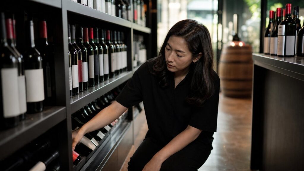 A wide, quiet wine shop aisle is seen at eye level, with a single customer’s hand reaching toward a lower shelf while rows of bottles fade into soft blur behind. Natural ambient lighting, dark shelving, and restrained red highlights create a calm, decisive mood that feels like the final moment before choosing.