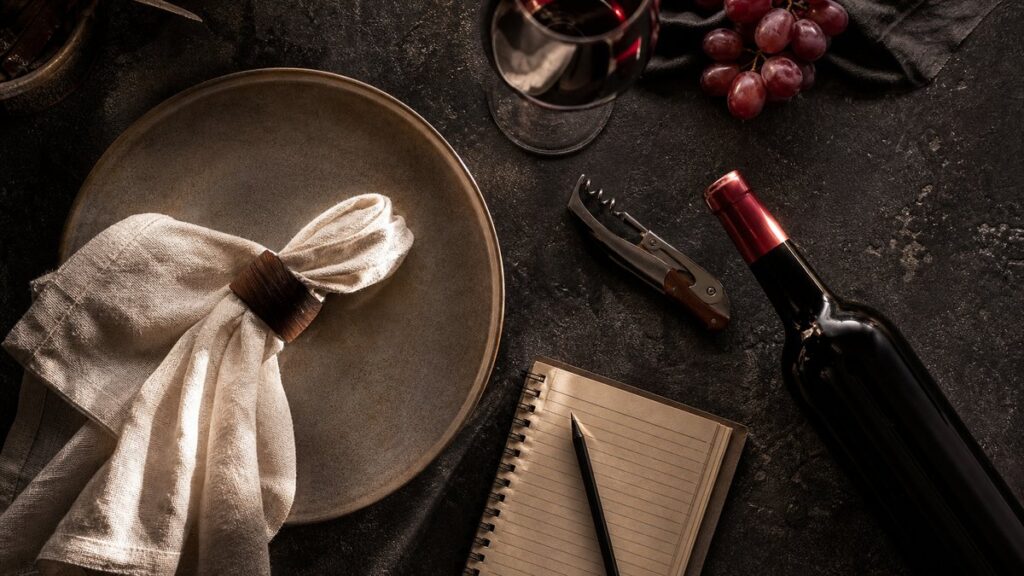 An overhead view of a carefully arranged dining setup shows one selected wine bottle, a corkscrew, a linen napkin, and handwritten tasting notes beside a simple dinner plate. Warm indoor lighting and dark stone textures create a grounded, trustworthy atmosphere, with subtle red accents from the wine and fruit.