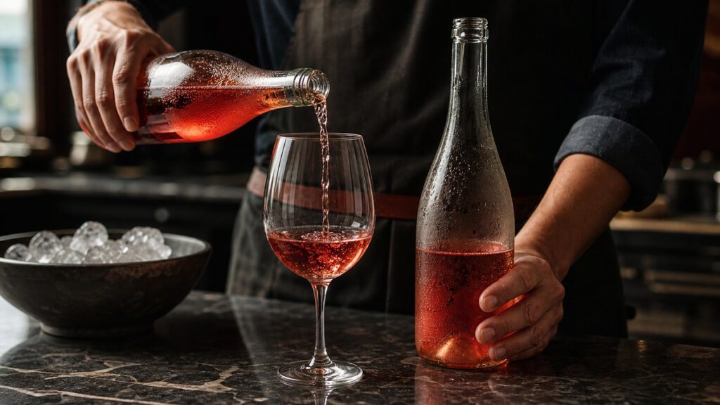 Close hand action of a server pouring rosé into a medium-bowl glass while another hand steadies a chilled bottle wrapped with condensation. The setting is a softly lit kitchen prep counter with a bowl of ice nearby; the wine glows pink-red against dark stone surfaces, suggesting careful temperature control and refined serving.