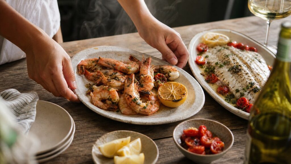 An overhead process scene of a wooden table being arranged with seared shrimp, baked white fish, lemon wedges, and a bottle of white wine just out of focus. Natural daylight falls from one side, emphasizing fresh textures and gentle steam, while muted red tones appear in roasted garnish for a balanced, appetizing atmosphere.