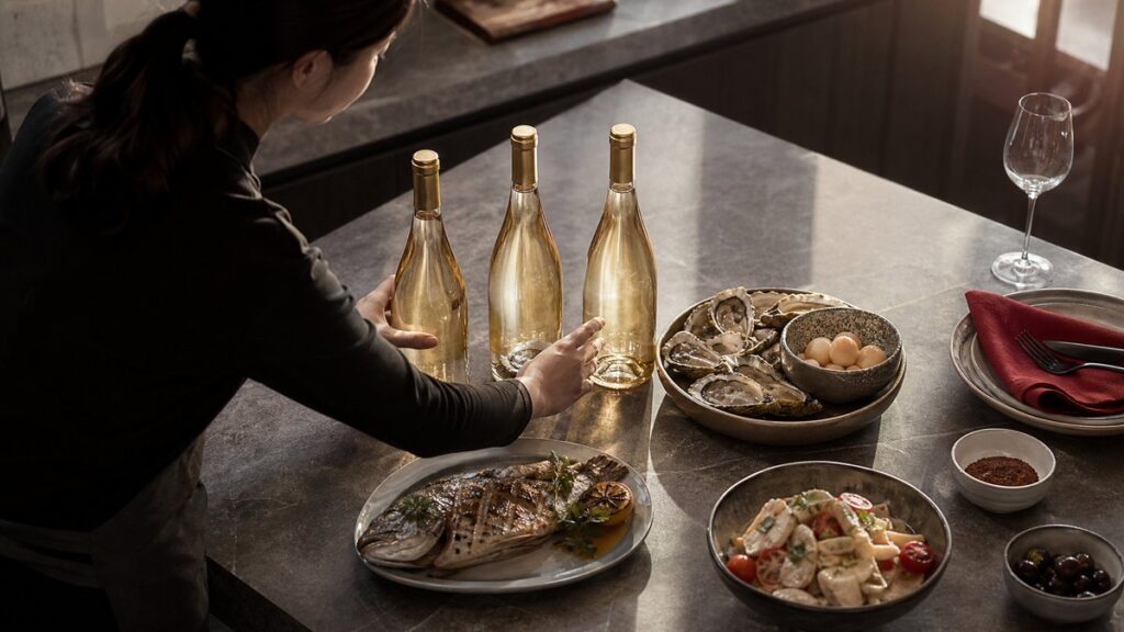 An overhead process scene shows a server arranging three unlabelled white wine bottles beside dishes of grilled fish, shellfish, and a simple evening meal on a stone counter. Natural top light creates crisp, organized shadows, with restrained red accents from a nearby napkin and warm reflections in the glass. The composition feels thoughtful and decision-focused.