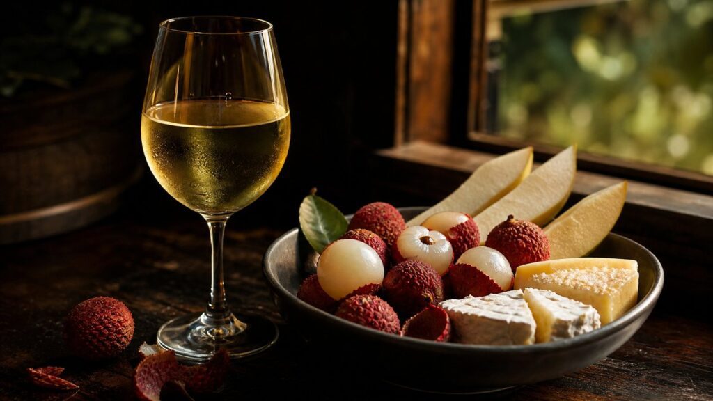 A single chilled glass of pale golden sweet white wine stands beside a bowl of ripe lychee, pear slices, and soft cheese on a dark wooden counter. Warm window light catches the liquid’s gentle sheen, while deep #A50000 fruit tones and near-black shadows create an inviting, professional still life.