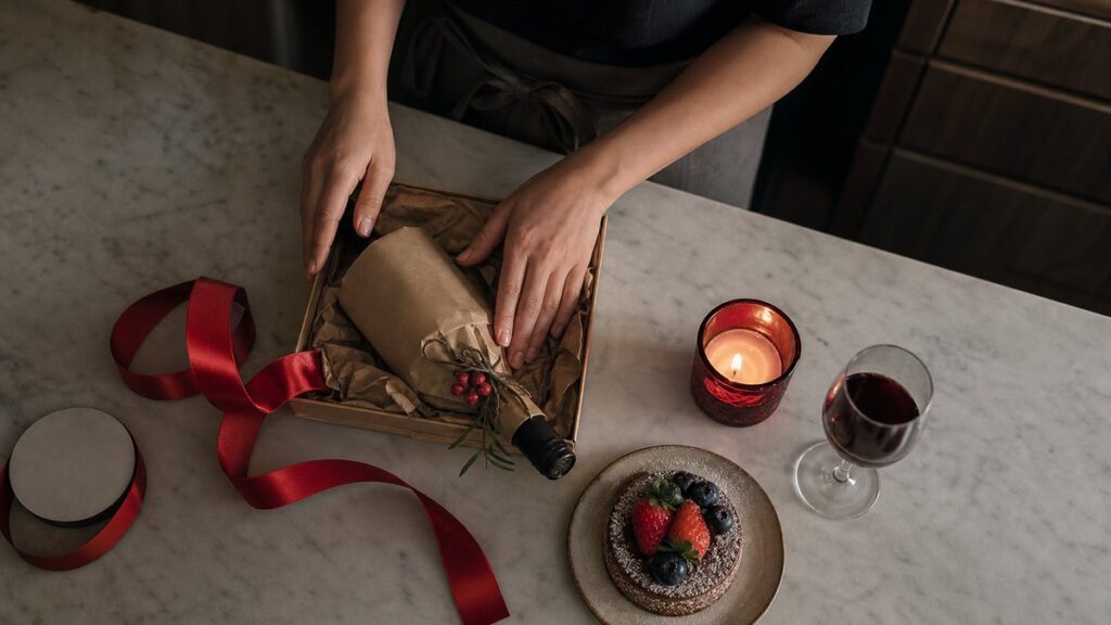 Overhead view of a neatly arranged gift moment on a kitchen counter: a wine bottle wrapped in plain paper, a ribbon, a candle, and a small dessert plate ready for a special home celebration. Gentle side lighting adds a refined, intimate feel with subtle red highlights in the scene.
