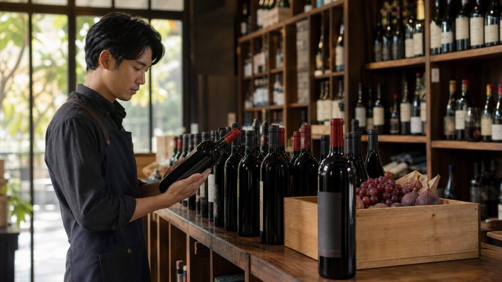 A wide shelf scene in a boutique wine shop shows several red wine bottles grouped near a small wooden crate of grapes and figs, with warm daylight filtering through the room. One bottle in the foreground anchors the frame, while the surrounding space stays airy and uncluttered, conveying thoughtful selection and confidence.