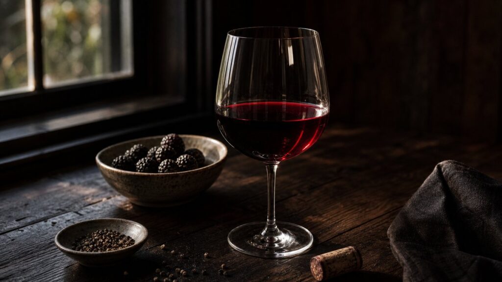 A single crystal wine glass on a dark wooden table catches low window light, its deep garnet surface glowing with subtle #A50000 highlights against a nearly black background. Beside it, a small bowl of blackberries, cracked pepper, and a weathered oak cork suggest layered aromas. Quiet, intimate, and refined.