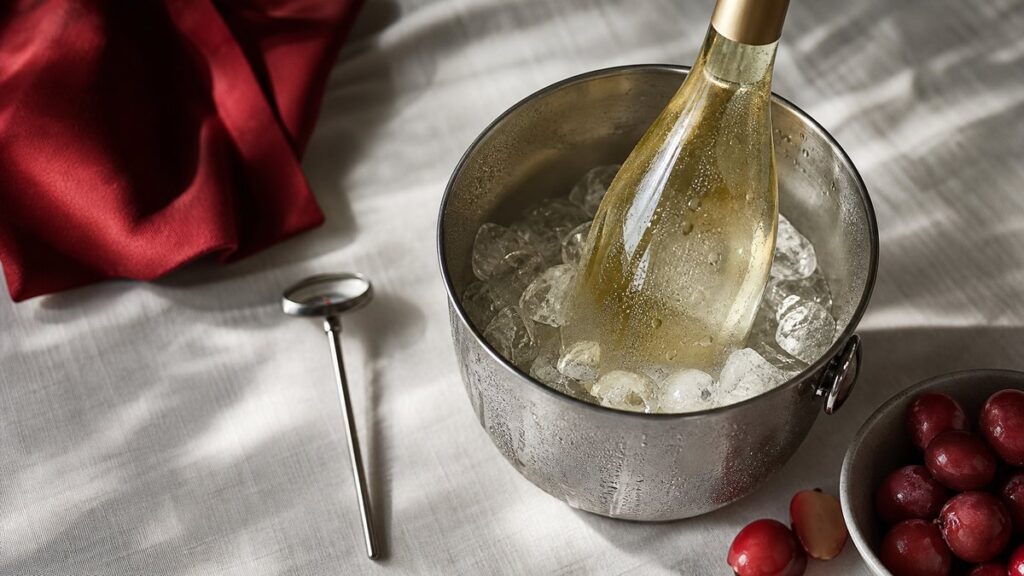 An overhead editorial still life shows a white wine bottle nested in an ice bucket, a thermometer nearby, and condensation beading on the glass. The composition is clean and precise, lit by soft natural window light, with cool shadows and a restrained red accent from a napkin and fruit skin.