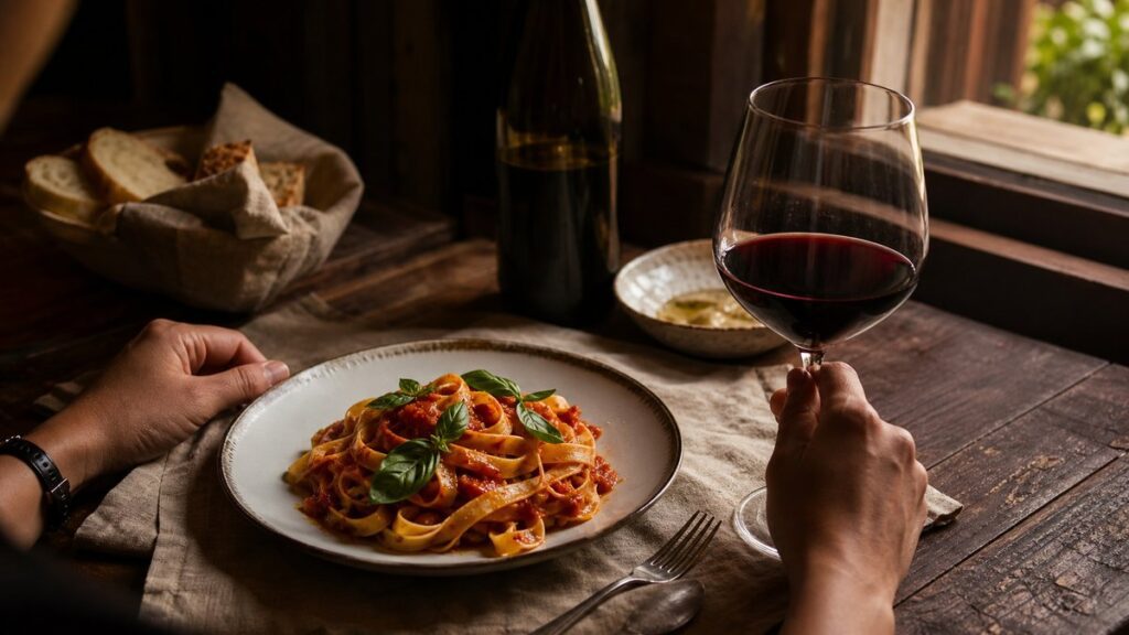 An editorial still life of a rustic Italian dinner on a linen table: a half-filled glass of deep red wine beside a plate of tagliatelle with tomato sauce, basil, and olive oil sheen. Warm window light glows softly across dark wood, emphasizing rich crimson and near-black tones, with a calm, inviting mood.