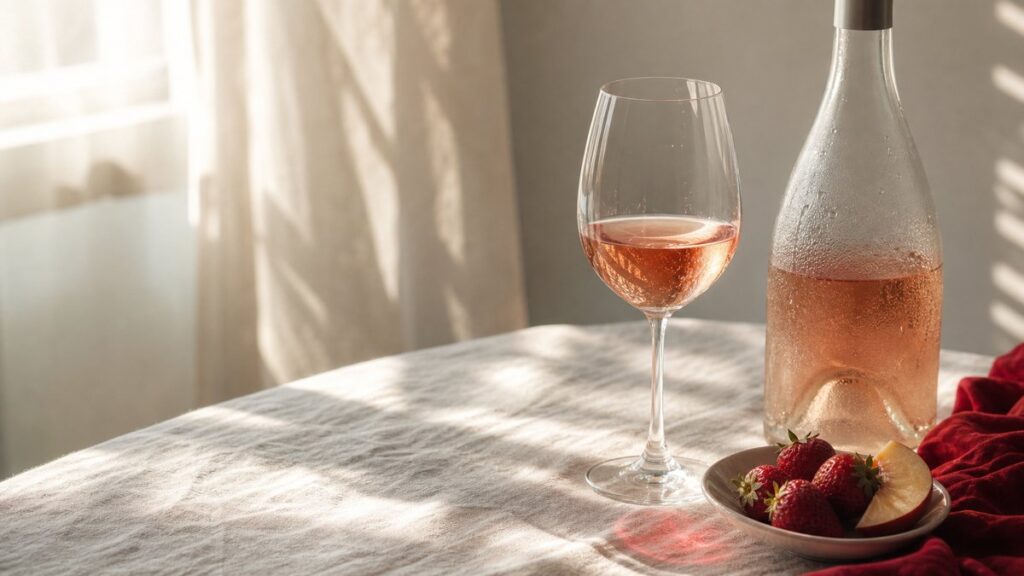 A single rosé wine glass sits beside a chilled bottle on a linen-covered table, the pale pink liquid catching soft window light. Fresh strawberries, a peach slice, and a faint ruby reflection from nearby fabric create a balanced still life. The mood feels airy, approachable, and quietly elegant.