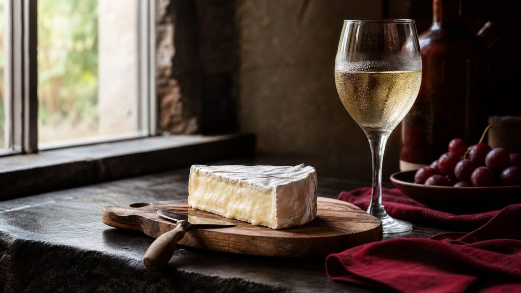 An object-led still life of a small wooden board with a wedge of creamy soft cheese beside a chilled white wine glass, condensation catching soft window light. The cheese surface glows ivory against deep burgundy napkins and dark slate, with a quiet, refined mood that suggests freshness cutting richness.