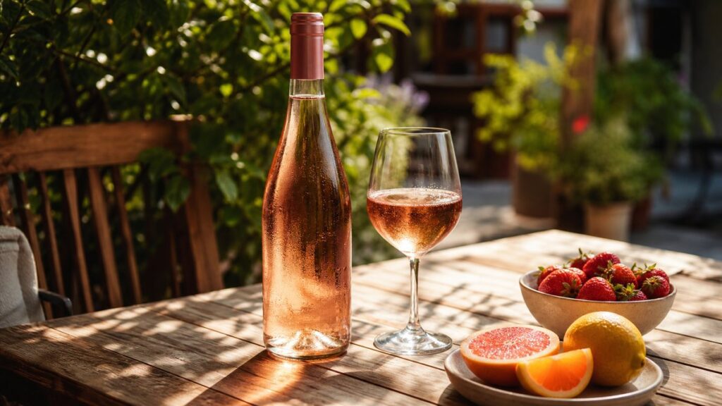 A single rosé bottle stands beside a chilled stemmed glass on a sunlit wooden patio table, with a small bowl of fresh strawberries and citrus nearby. Soft afternoon light washes the scene in pale blush and deep ruby reflections, creating a relaxed, airy mood that feels easy and unhurried.
