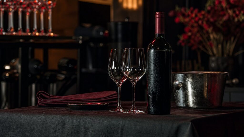 An object-led still life on a dark linen table: a chilled red wine bottle rests beside two tulip-shaped glasses, a folded napkin, and a small ice bucket catching soft reflections. Warm side lighting and subtle deep red highlights create a refined, professional mood with a clean, deliberate sense of preparation.