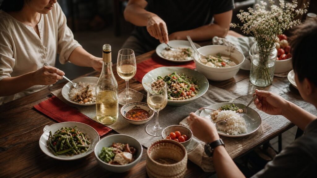 An overhead view of a modest family dinner table with simple home-cooked dishes, a single opened white wine bottle, and two glasses near the center. Natural evening light from a kitchen window softens the setting, mixing cream, wood, and subtle red accents from napkins and produce. The mood is relaxed and welcoming.
