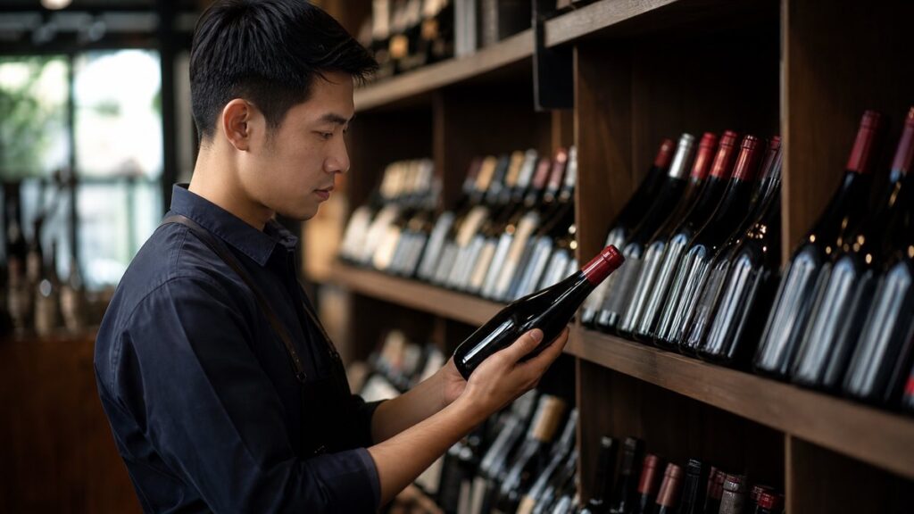 Inside a quiet wine shop, a neatly curated shelf of red wine bottles recedes into soft focus while one trusted bottle is selected in the foreground. Gentle ambient light and rich crimson reflections suggest reliability and care, with a professional, understated atmosphere and ample negative space.