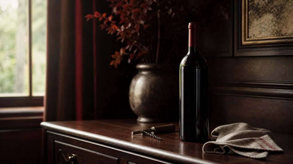 A single red wine bottle stands upright on a dark wooden sideboard beside a simple corkscrew and a folded linen napkin, lit by soft window light. The scene feels calm and mature, with deep burgundy highlights and shadowy black tones creating a refined, thoughtful mood.